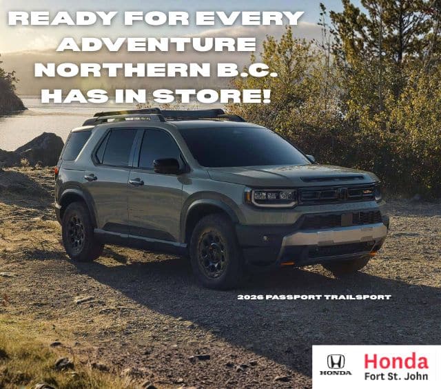 SUV parked in scenic Northern B.C., promoting adventure. Text: “Ready for every adventure northern B.C. has in store!” Honda logo.