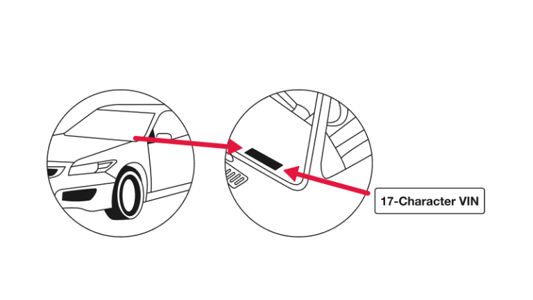 Diagram showing location of 17-character VIN on a vehicle door frame.