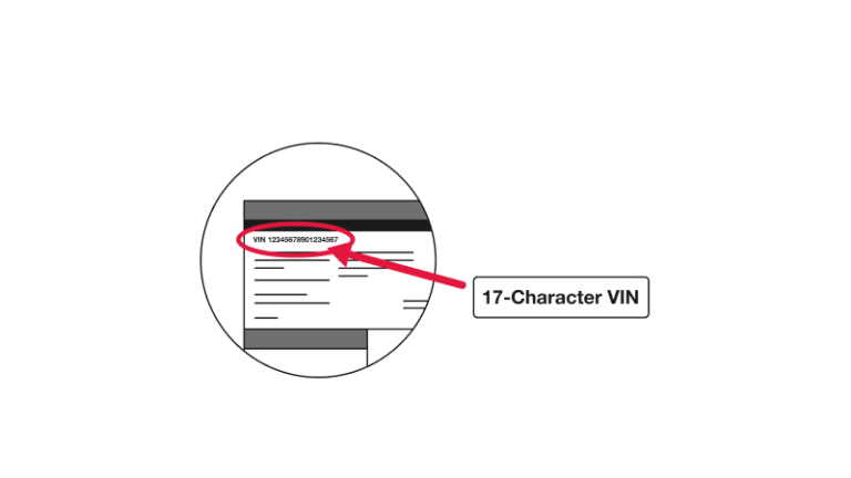 Diagram showing location of 17-character VIN on a vehicle door frame.