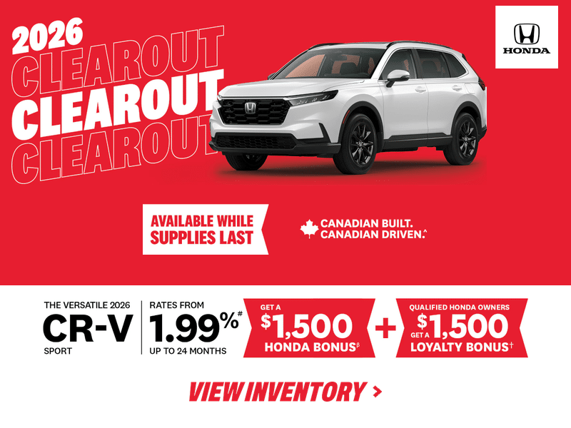 2026 Honda CR-V Clearout; 1.99% rates, $1500 bonus offers. Limited availability. View inventory.